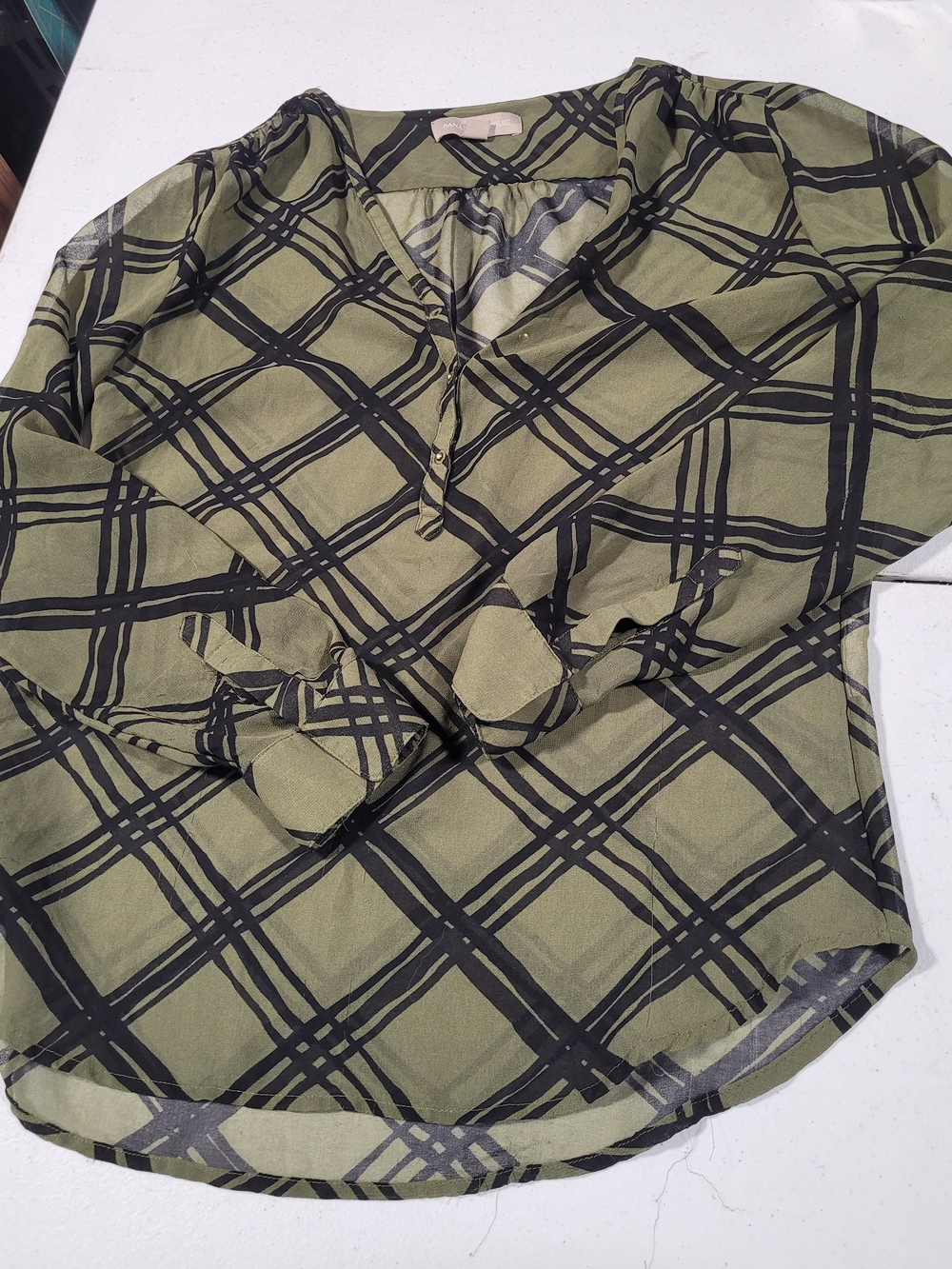 Banana Republic Olive Green Plaid V-Neck Blouse